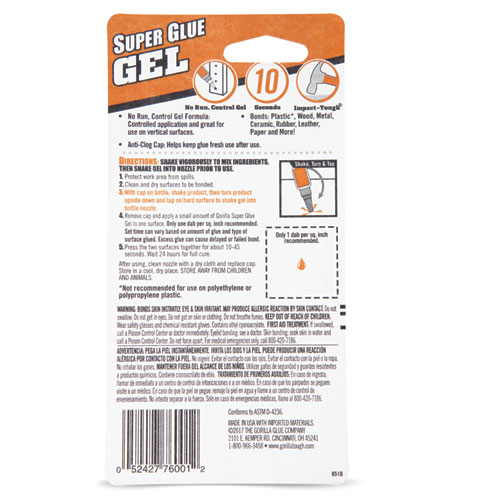 Image of Gorilla® Super Glue Gel, 0.53 Oz, Dries Clear, 4/Carton