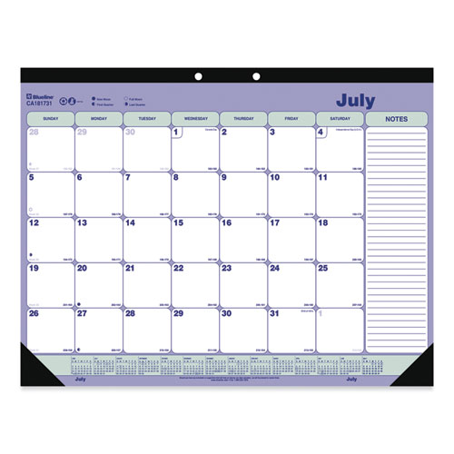 Academic Monthly Desk Pad Calendar, 21.25 x 16, White/Blue/Green, Black Binding/Corners, 13-Month (July-July): 2023 to 2024