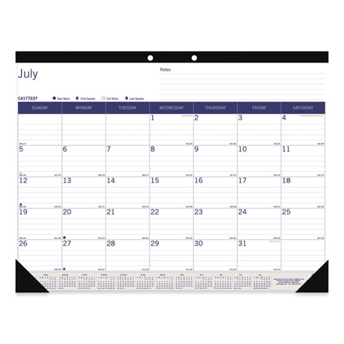 Academic Monthly Desk Pad Calendar, 22 x 17, White/Blue/Gray Sheets, Black Binding/Corners, 13-Month (July-July): 2022-2023