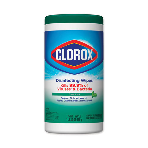 Clorox® Disinfecting Wipes, 1-Ply, 7 x 8, Fresh Scent, White, 75/Canister, 6 Canisters/Carton