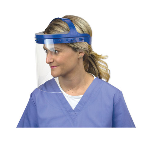 Image of Fully Assembled Full Length Face Shield with Head Gear, 16.5 x 10.25 x 11, Clear/Blue, 16/Carton