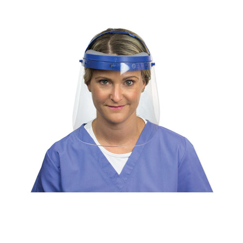 Image of Suncast Commercial® Fully Assembled Full Length Face Shield With Head Gear, 16.5 X 10.25 X 11, Clear/Blue, 16/Carton