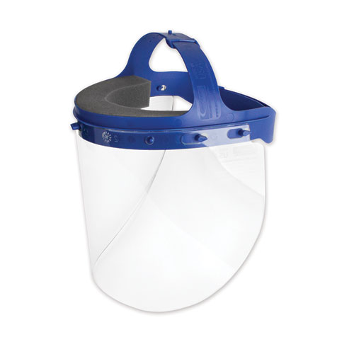 Image of Suncast Commercial® Fully Assembled Full Length Face Shield With Head Gear, 16.5 X 10.25 X 11, Clear/Blue, 16/Carton