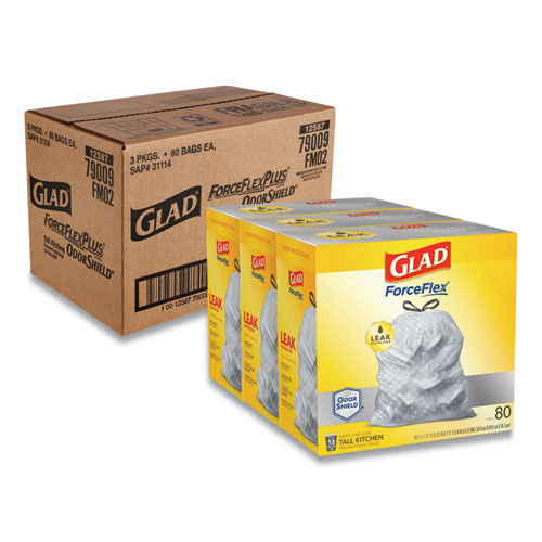 Glad® Tall Kitchen Drawstring Trash Bags, 13 gal, 0.72 mil, 23.75" x 24.88", White, 240/Carton