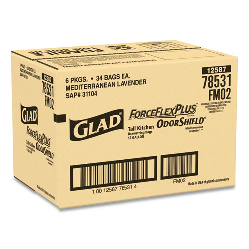 Image of Glad® Forceflexplus Odorshield Tall Kitchen Drawstring Trash Bags, 13 Gal, 0.9 Mil, 24" X 28", White, 34 Bags/Box, 6 Boxes/Carton