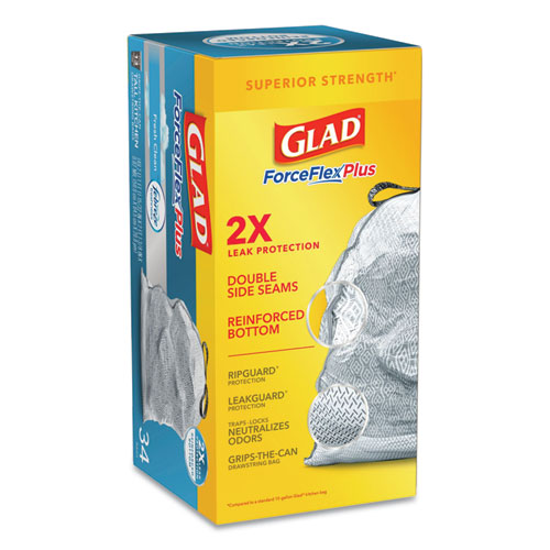 Image of Glad® Forceflexplus Odorshield Tall Kitchen Drawstring Trash Bags, 13 Gal, 0.9 Mil, 24" X 28", White, 34 Bags/Box, 6 Boxes/Carton