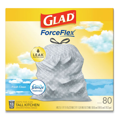 Image of Glad® Odorshield Tall Kitchen Drawstring Bags, 13 Gal, 0.72 Mil, 24" X 27.38", White, 80 Bags/Box, 3 Boxes/Carton