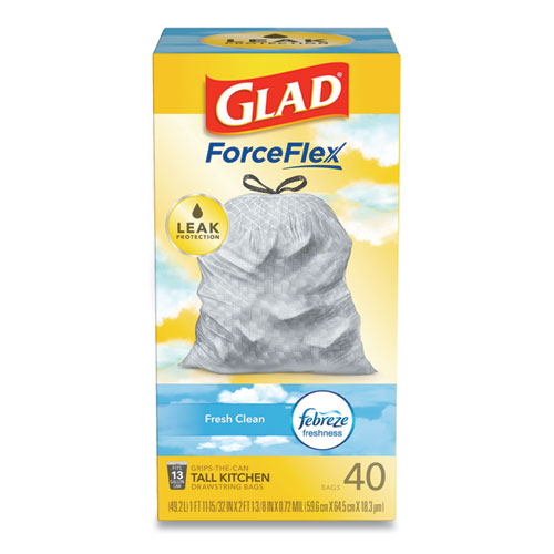 Glad® OdorShield Tall Kitchen Drawstring Bags, 13 gal, 0.78 mil, 24" x 27.38", White, 240/Carton