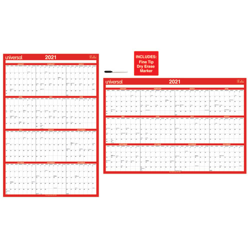 Erasable Wall Calendar, 24 x 36, White/Red, 2022