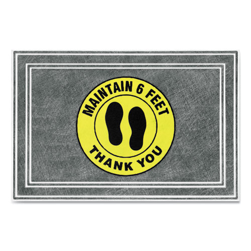 Apache Mills® Message Floor Mats, 24 X 36, Charcoal/Yellow, "Maintain 6 Feet Thank You"