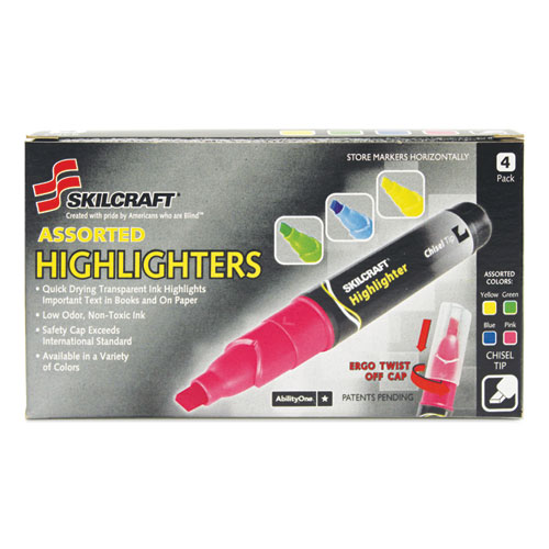 7520013837938 SKILCRAFT Large Fluorescent Highlighter, Assorted Ink Colors, Chisel Tip, Assorted Barrel Colors, 4/Set
