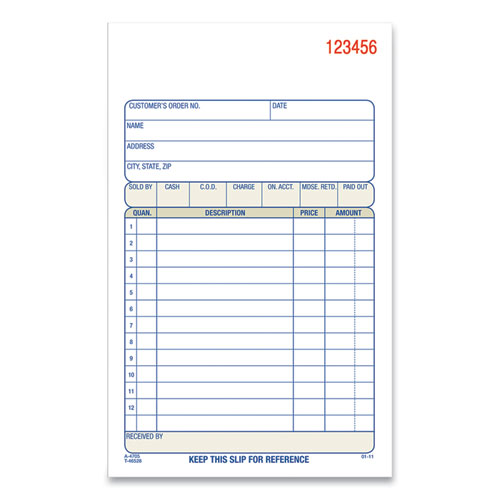 Three-Part Sales Book,Three-Part Carbonless, 4.19 x 7.19, 1/Page, 50 Forms/Pad, 10 Pads/Carton