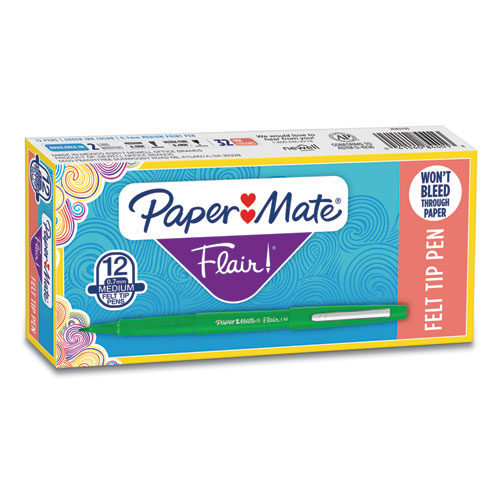 Paper Mate® Point Guard Flair Felt Tip Porous Point Pen, Stick, Medium 0.7 Mm, Green Ink, Green Barrel, Dozen