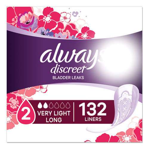 Image of Discreet Incontinence Liners, Very Light Absorbency, Long, 44/Pack, 3 Packs/Carton