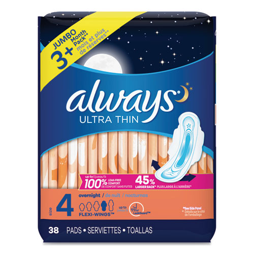 ULTRA THIN OVERNIGHT PADS WITH WINGS, 38/PACK, 6 PACKS/CARTON