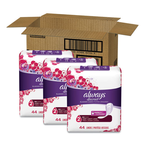 Discreet Incontinence Liners, Very Light, Long, 44/Pack, 3 Packs/Carton