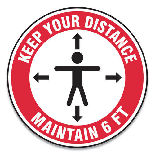 Slip-Gard Social Distance Floor Signs, 12" Circle, "Keep Your Distance Maintain 6 ft", Human/Arrows, Red/White, 25/Pack GN1MFS345ESP