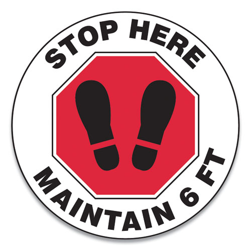 Slip-Gard Social Distance Floor Signs, 12" Circle, "Stop Here Maintain 6 ft", Footprint, Red/White, 25/Pack
