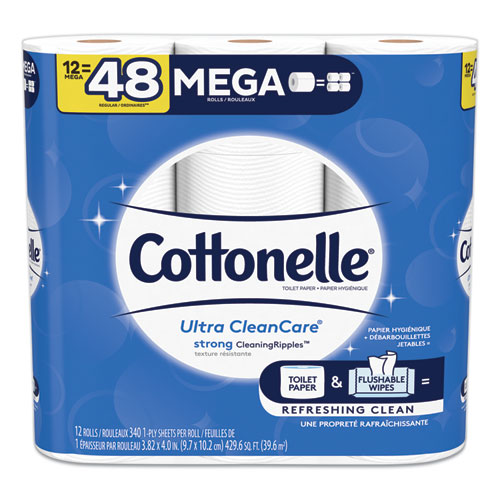 ULTRA CLEANCARE TOILET PAPER, STRONG TISSUE, MEGA ROLLS, SEPTIC SAFE, 1 PLY, WHITE, 340 SHEETS/ROLL, 12 ROLLS