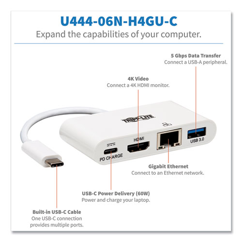 Image of 4K Dock with Charging and Ethernet, USB C/4K HDMI/USB A/PD Charging, White