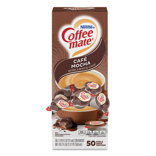 Image of Liquid Coffee Creamer, Cafe Mocha, 0.38 oz Mini Cups, 50/Box, 4 Boxes/Carton, 200 Total/Carton