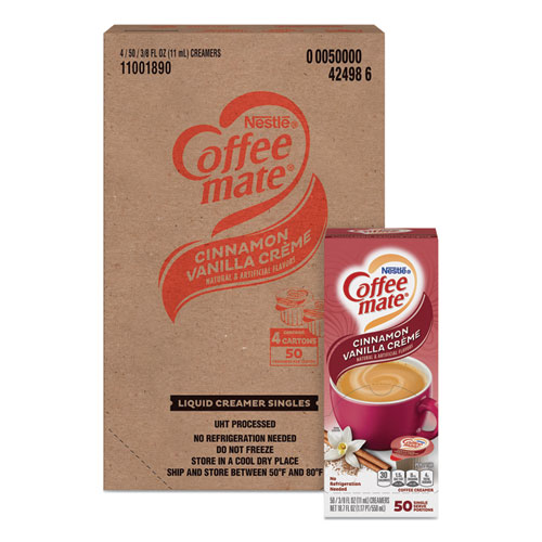 Image of Liquid Coffee Creamer, Cinnamon Vanilla, 0.38 oz Mini Cups, 50/Box, 4 Boxes/Carton, 200 Total/Carton