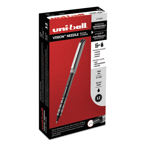 VISION Needle Roller Ball Pen, Stick, Fine 0.7 mm, Black Ink, Silver Barrel, Dozen