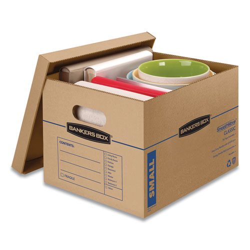 Image of SmoothMove Classic Moving and Storage Boxes, Small, Half Slotted Container (HSC), 15 x 12 x 10, Brown Kraft/Blue, 10/Carton