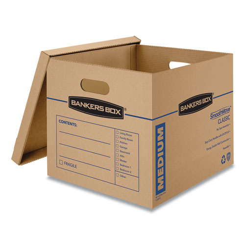 Image of SmoothMove Classic Moving/Storage Boxes, Half Slotted Container (HSC), Medium, 15" x 18" x 14", Brown/Blue, 8/Carton
