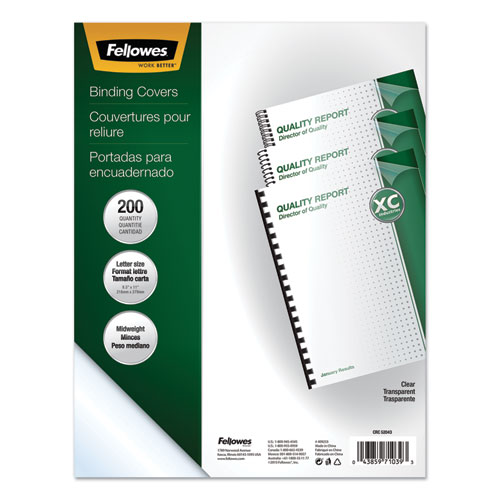 Fellowes® Crystals Transparent Presentation Covers For Binding Systems, Clear, With Square Corners 11 X 8.5, Unpunched, 200/Pack