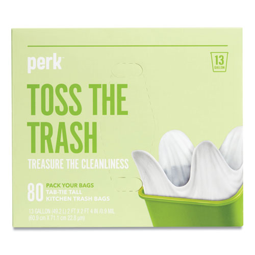 Perk™ Tab-Tie Tall Kitchen Trash Bags, 13 Gal, 0.9 Mil, 28" X 24", White, 80/Box