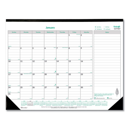 EcoLogix Monthly Desk Pad Calendar, 22 x 17, White/Green Sheets, Black Binding/Corners, 12-Month (Jan to Dec): 2023