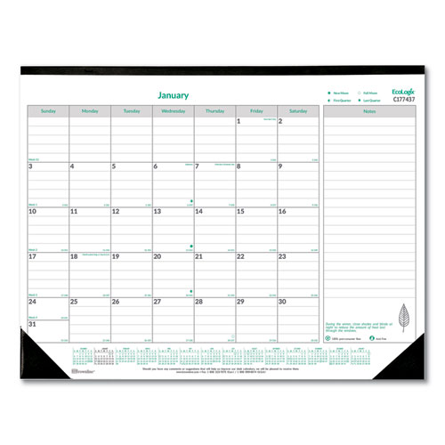 EcoLogix Monthly Desk Pad Calendar, 22 x 17, White/Green Sheets, Black Binding/Corners, 12-Month (Jan to Dec): 2024