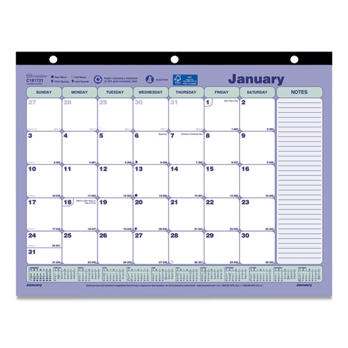 Image of Monthly Desk Pad Calendar, 11 x 8.5, White/Blue/Green Sheets, Black Binding, 12-Month (Jan to Dec): 2023