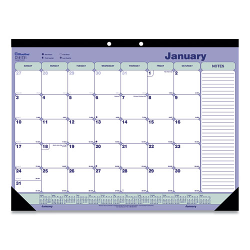 Monthly Desk Pad Calendar, 21.25 x 16, White/Blue/Green Sheets, Black Binding, Black Corners, 12-Month (Jan to Dec): 2023