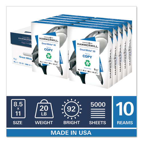 Image of Great White 30 Recycled Print Paper, 92 Bright, 20 lb Bond Weight, 8.5 x 11, White, 500 Sheets/Ream, 10 Reams/Carton