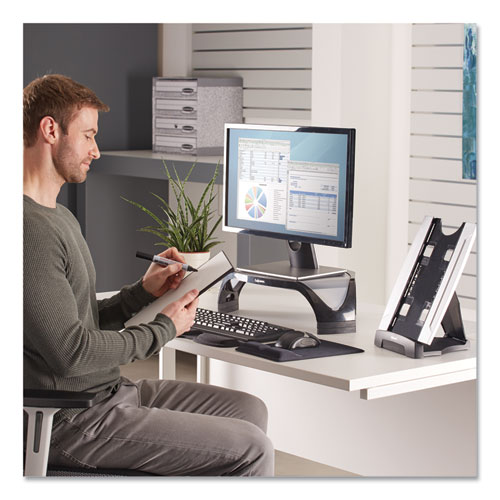 Image of Office Suites Desktop Copyholder with Memo Board, 150 Sheet Capacity, Plastic, Black/Silver