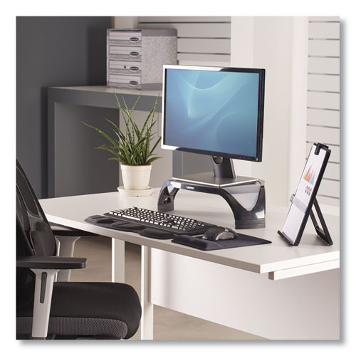 Image of Fellowes® Smart Suites Corner Monitor Riser, For 21" Monitors, 18.5" X 12.5" X 3.88" To 5.13", Black/Clear Frost, Supports 40 Lbs