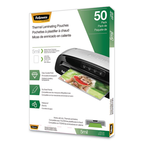 Fellowes® Thermal Laminating Pouches, 5 mil, 9" x 11.5", Matte Clear, 50/Pack