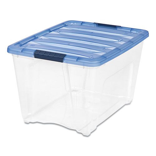 Stack and Pull Latching Flat Lid Storage Box, 13.5 gal, 22" x 16.5" x 13.03", Clear/Translucent Blue
