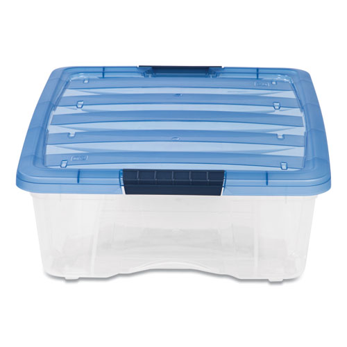 Image of Iris Stack And Pull Latching Flat Lid Storage Box, 6.73 Gal, 16.5" X 22" X 6.5", Clear/Translucent Blue