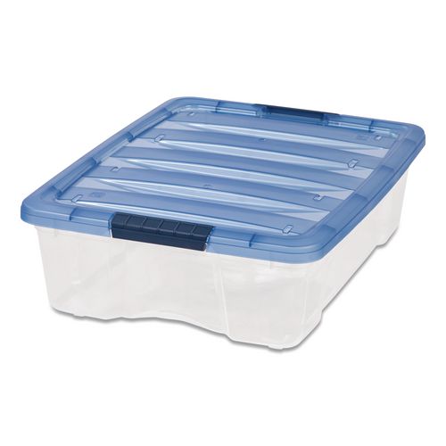 Stack and Pull Latching Flat Lid Storage Box, 6.73 gal, 16.5" x 22" x 6.5", Clear/Translucent Blue