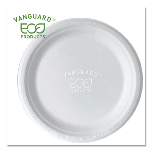 Vanguard Renewable and Compostable Sugarcane Plates, 9" dia, White, 500/Carton