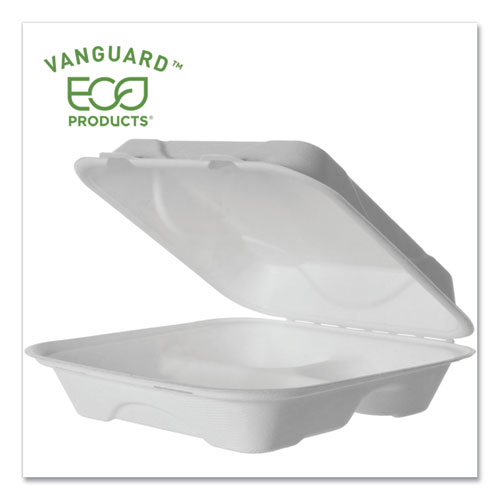 Eco-Products® Vanguard Renewable and Compostable Sugarcane Clamshells, 3-Compartment, 9 x 9 x 3, White, 200/Carton