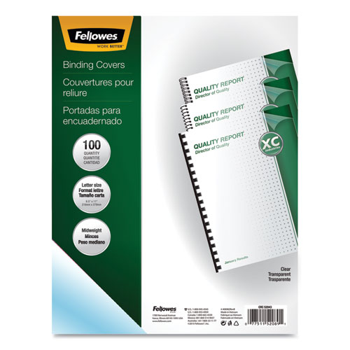 Fellowes® Crystals Transparent Presentation Covers For Binding Systems, Clear, With Square Corners, 11 X 8.5, Unpunched, 100/Pack