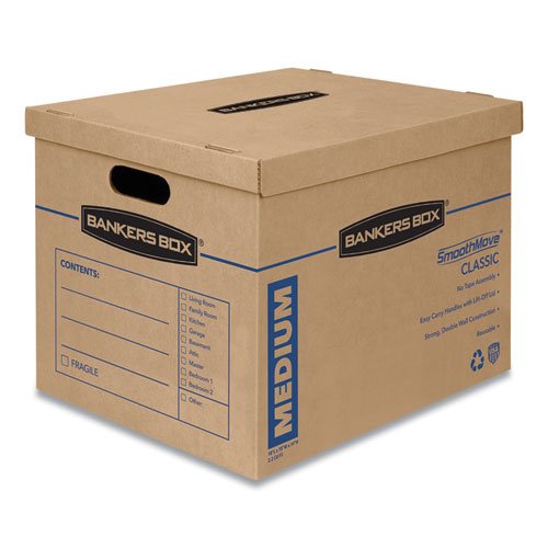 Image of SmoothMove Classic Moving/Storage Boxes, Medium, Half Slotted Container (HSC), 18" x 15" x 14", Brown Kraft/Blue, 8/Carton