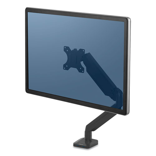 Fellowes® Platinum Series Single Monitor Arm, For 30" Monitors, 360 Deg Rotation, 180 Deg Tilt, 360 Deg Pan, Black, Supports 20 Lb