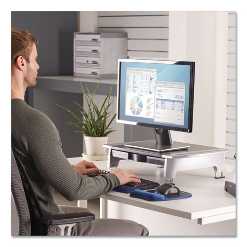 Image of Fellowes® Office Suites Standard Monitor Riser, For 21" Monitors, 19.78" X 14.06" X 4" To 6.5", Black/Silver, Supports 80 Lbs