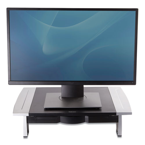 Image of Fellowes® Office Suites Standard Monitor Riser, For 21" Monitors, 19.78" X 14.06" X 4" To 6.5", Black/Silver, Supports 80 Lbs
