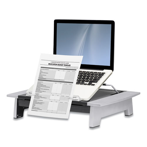 Image of Fellowes® Office Suites Monitor Riser Plus, 19.88" X 14.06" X 4" To 6.5", Black/Silver, Supports 80 Lbs